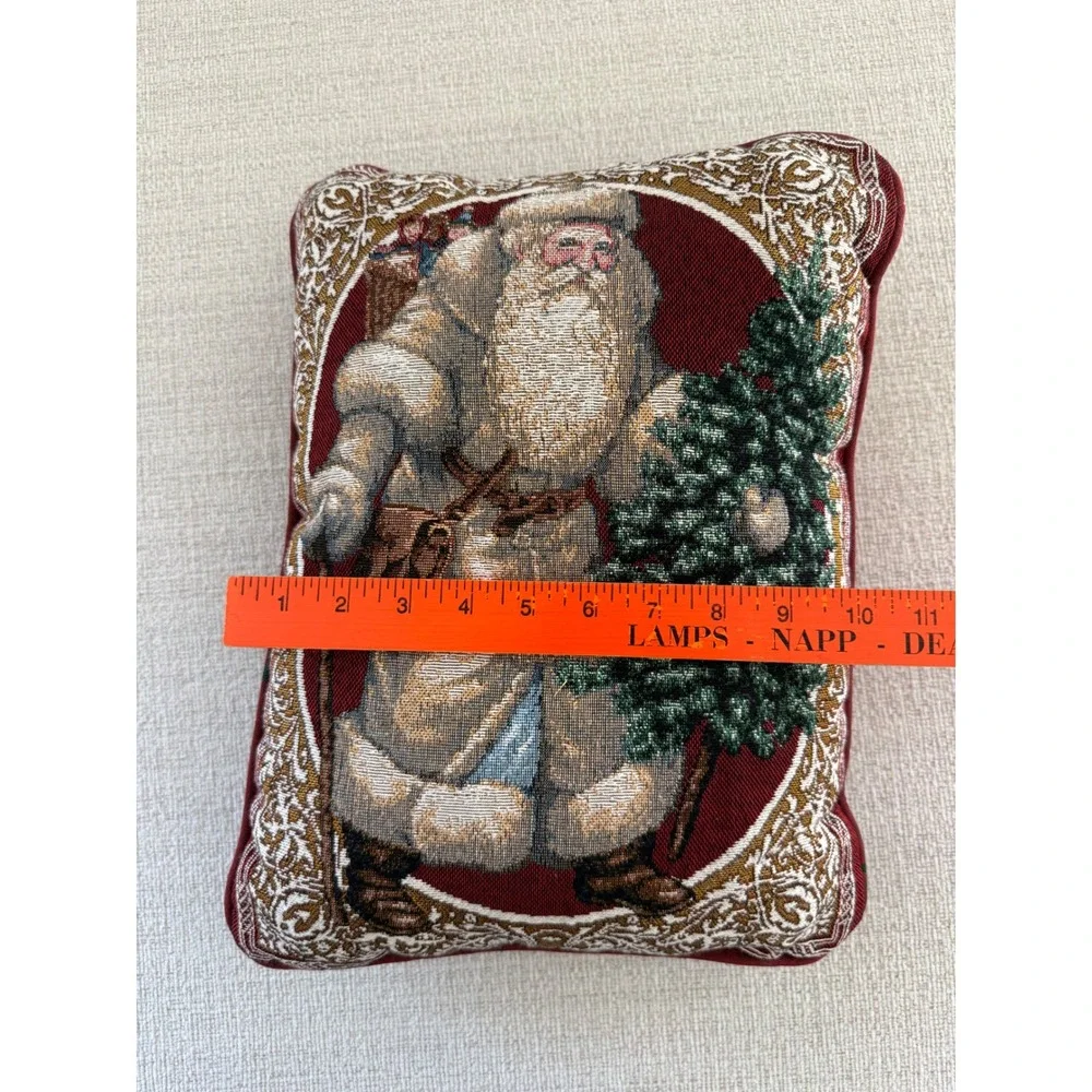 Vintage Woven Tapestry Christmas Pillow Santa Clause St Nick Victorian Style